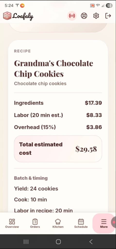 Loafaly app showing the parsed recipe with ingredient cost, labor, overhead, batch timing, and total estimated cost