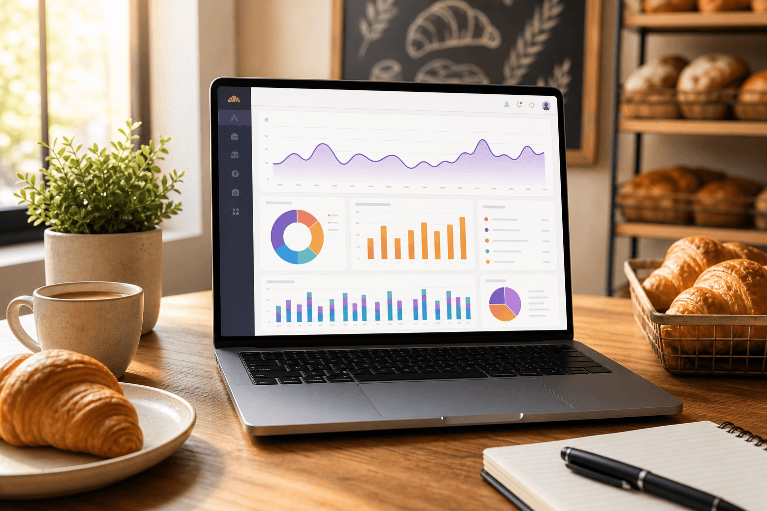 Laptop showing colorful sales charts on a desk in a small bakery office