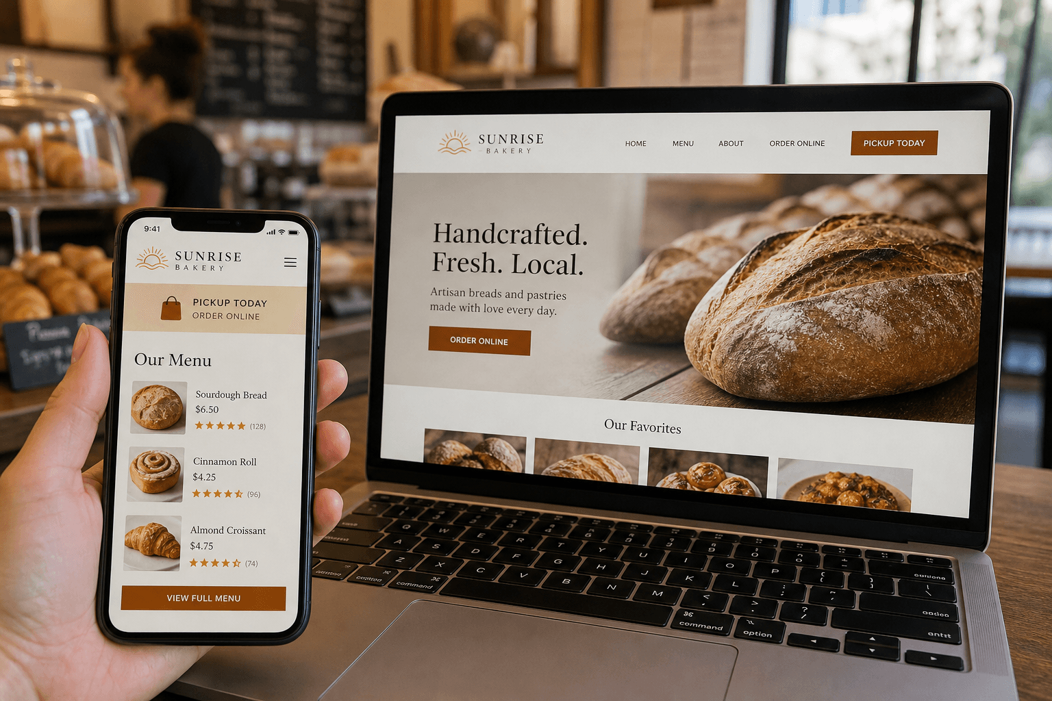 Smartphone and laptop side by side showing the same warm branded bakery storefront with menu and ratings