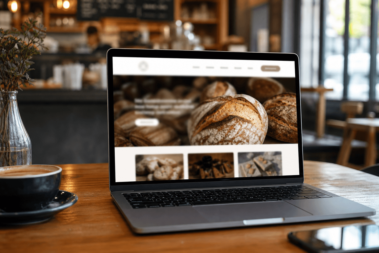 Laptop showing a warm branded bakery website beside fresh bread