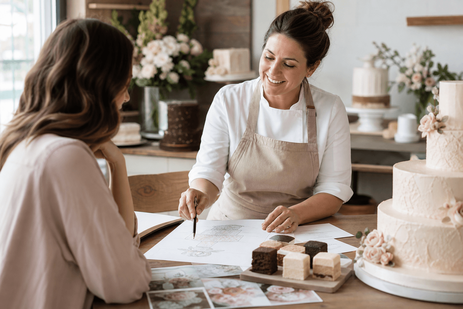 Baker and customer reviewing a custom wedding cake sketch with cake samples at a consultation table
