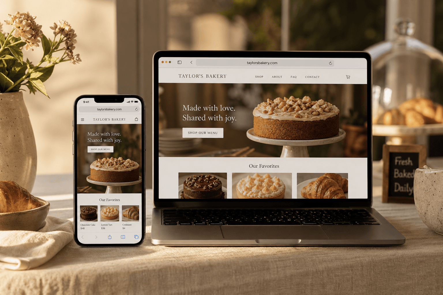 Branded bakery website shown on phone and laptop with a custom domain feel
