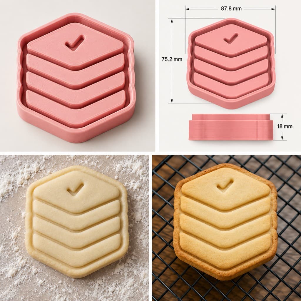 Custom 3D-printed cookie cutter design with dimensions, dough cutout, and finished baked cookie