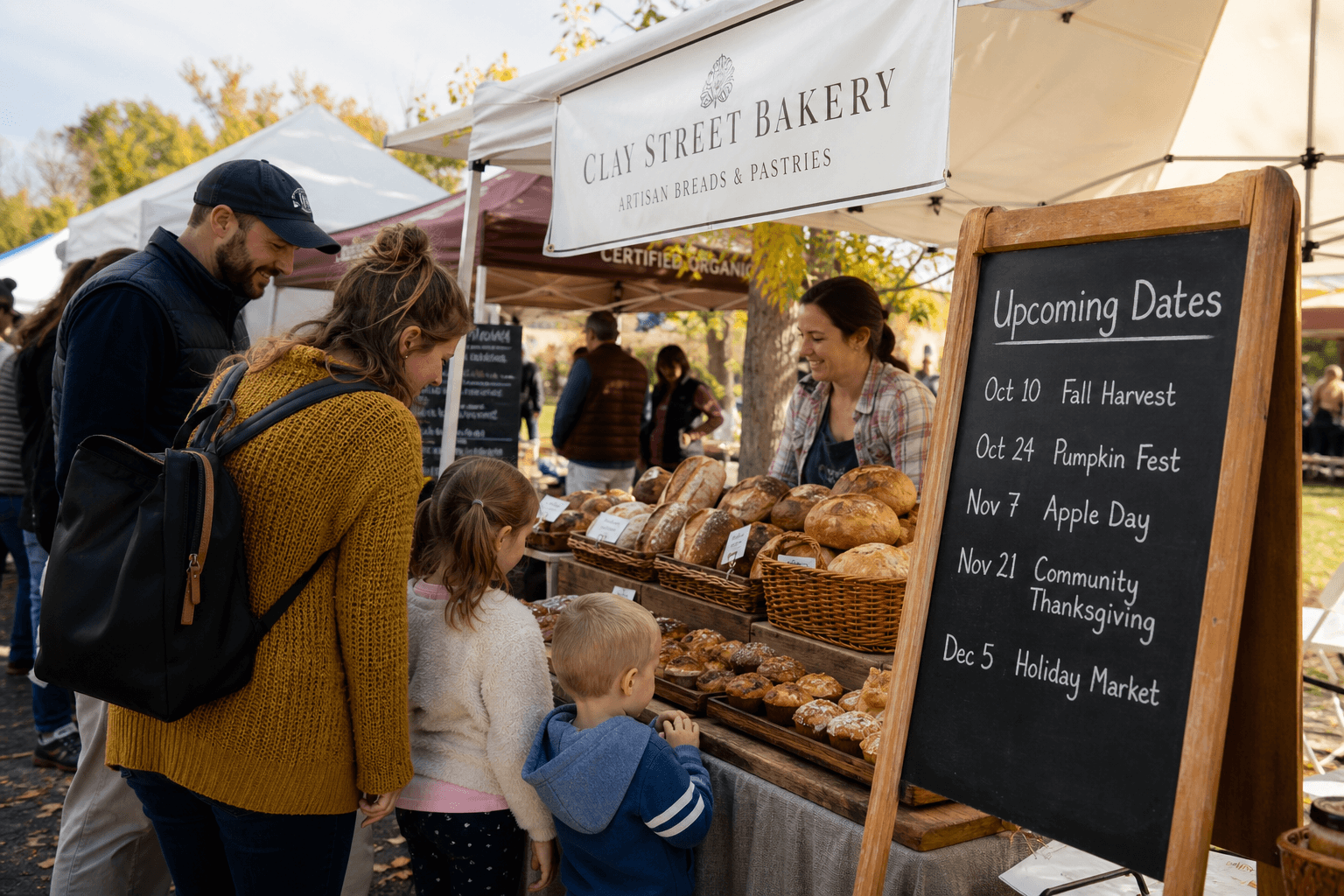 Community bakery tent at a farmers market with a poster of upcoming event dates
