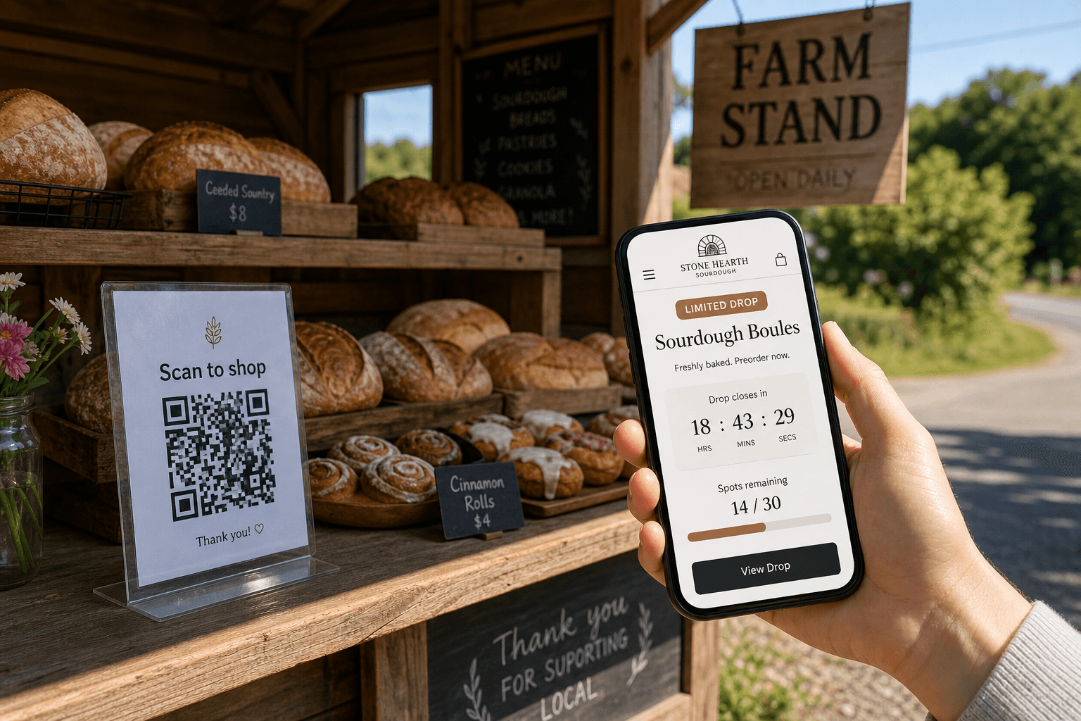 Customer scanning a Scan to shop QR code at an unmanned roadside farm stand with open shelves of bread and pastries