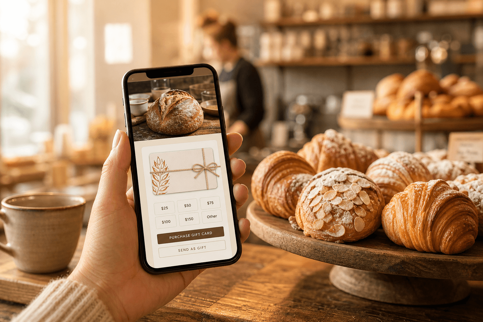 Customer purchasing a bakery gift card on a smartphone at a warm pastry counter