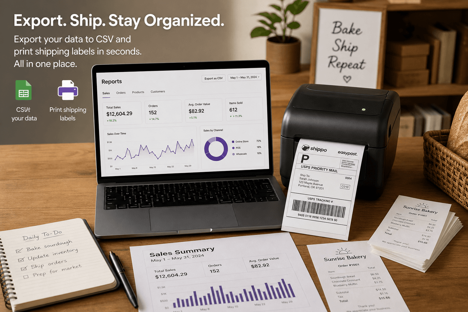 Organized expense categories and export-ready business reports on a screen