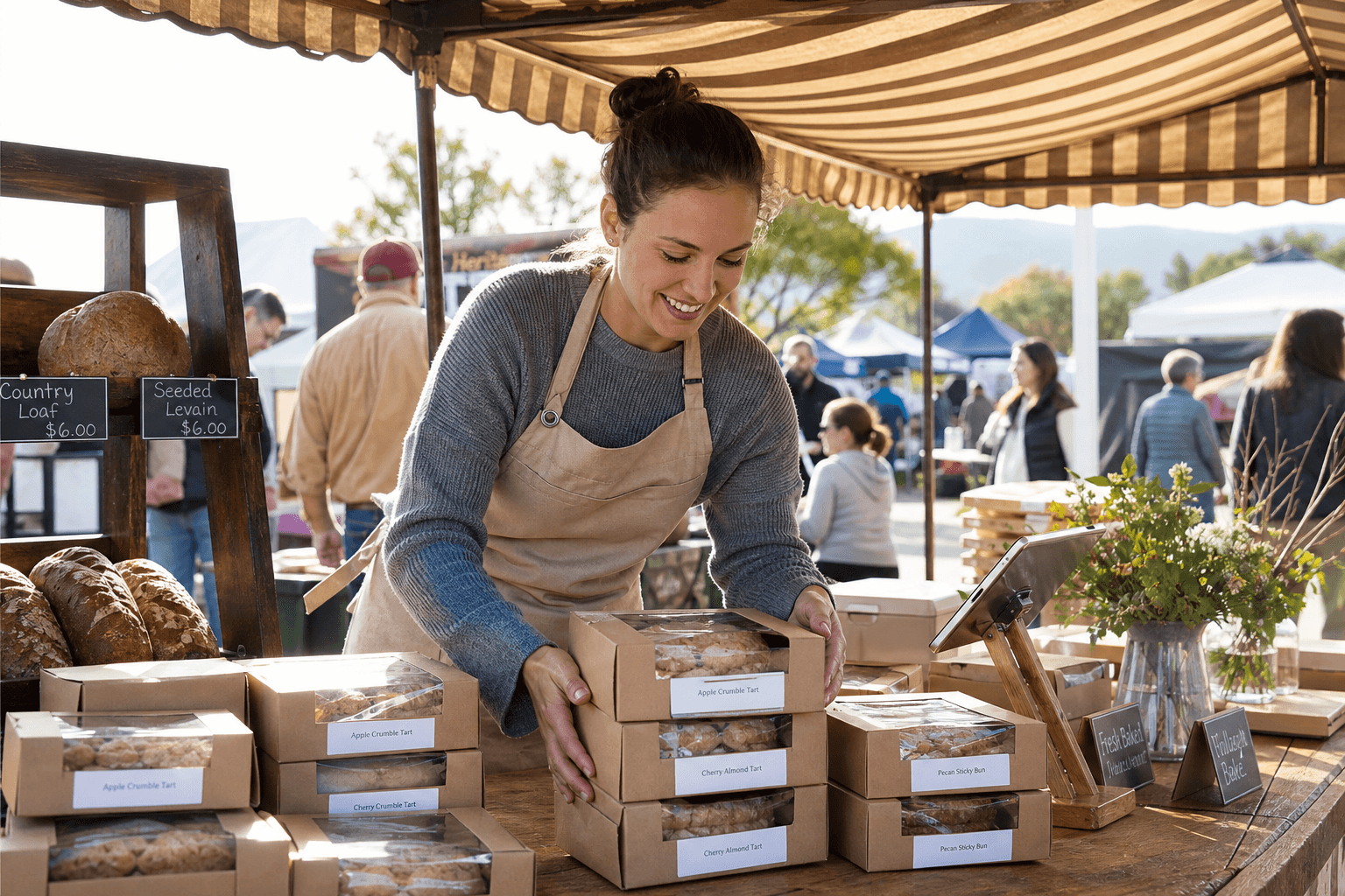 Outdoor farmers market stall with pastries and a tablet tallying market-day sales