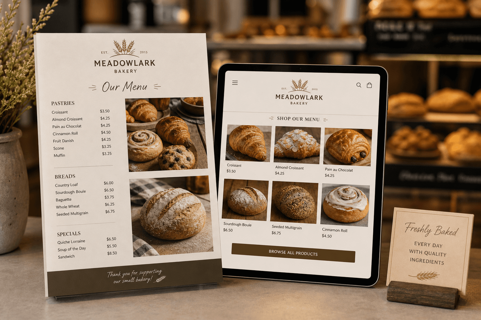 Printed bakery menu and mobile shop menu shown side by side