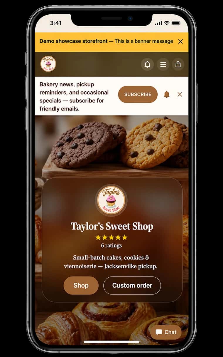 Example mobile bakery storefront on a phone — menu, hero photo, ratings, and shop buttons