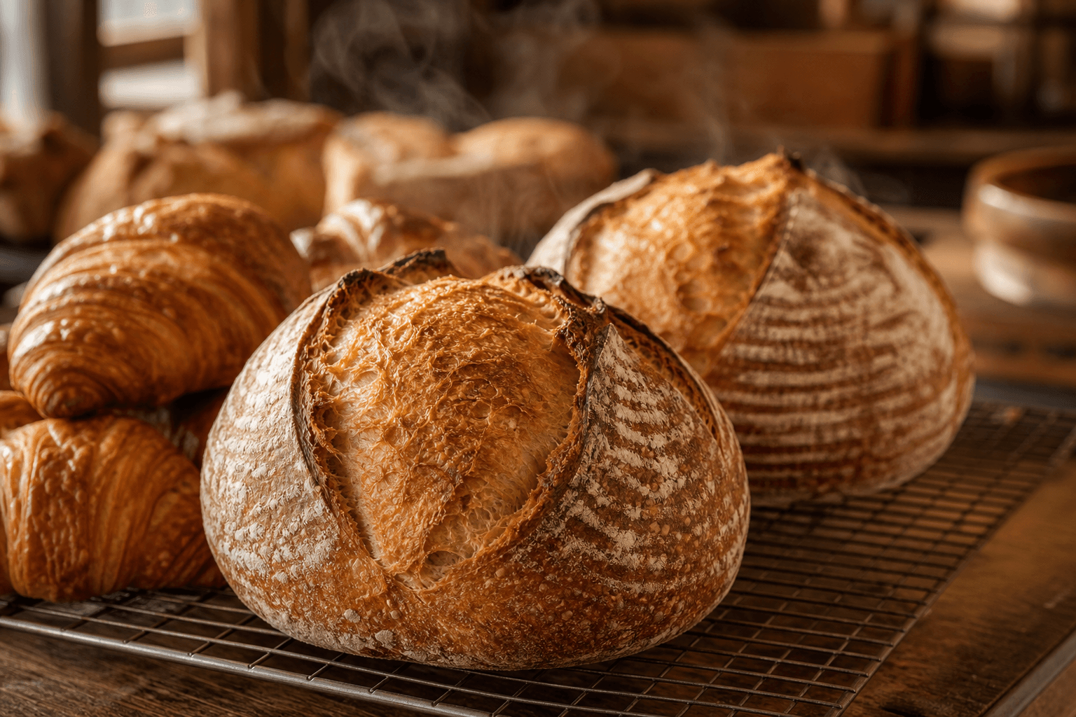 Warm bakery counter with loaves and viennoiserie — the everyday rhythm this software is built around
